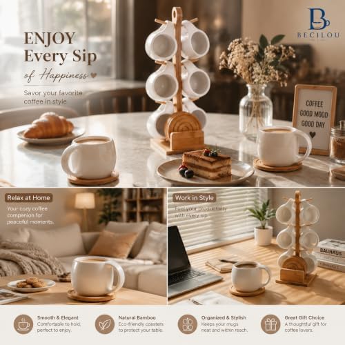 Coffee Mug Set of 6 with Bamboo Rack, White Ceramic Coffee Cups with Coasters and Spoons, Space Saving Mug Tree Stand Organizer for Coffee Bar, Kitchen Counter, Tea, Cappuccino, Espresso, 6 oz - Image 4