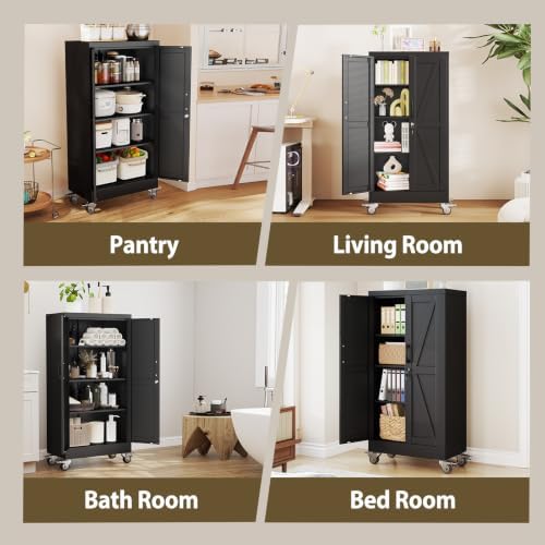 Metal Storage Cabinets with Wheels, Steel Tool Cabinets Lock Door and 3 Adjustable Shelves for Home Office, Garage, Kitchen (Black, 47.2" H) - Image 7