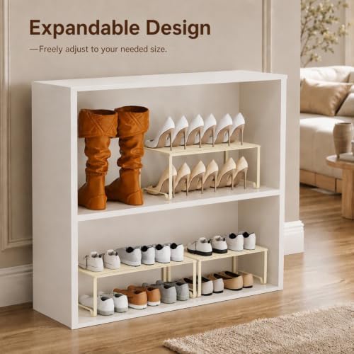 Extendable Metal Wire Shelf Organizer - Adjustable 15-24.4in Length, Stackable Storage Rack for Kitchen/Pantry/Bathroom/Shoe Cabinet/Tool Closet (2, Cream) - Image 5