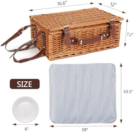 Wicker Picnic Basket for 4 with Waterproof Blanket Blue Stripes - Image 3