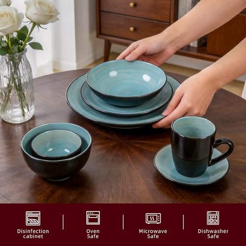 HomeVss, Stoneware Sonoma Dinnerware Set, Black + Speckled Spin Wash (56pc Set, Turquoise) - Image 3