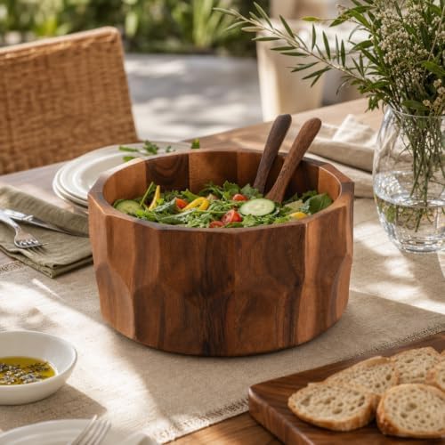 Arthur Court Large Diamond Pattern Acacia Wood Salad Serving Bowl - Modern Centerpiece for Fruits or Salads - 12" Diameter 6" Tall - Image 5
