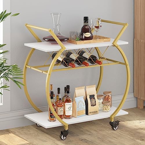 LVB Modern Bar Cart, Industrial Rolling Serving Wine Cart, White and Gold by LVB