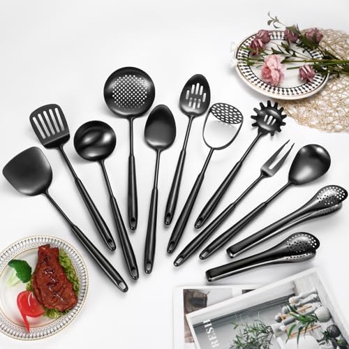 304 Stainlss Steel Matte Kitchen Utensils Set, 12 Pcs Long Metal Cooking Utensil Gadgets Tools Set with Spatula, Ladle, Spoon, Ladle, Skimmer, Tunner, Pasta Server, Tongs(Black, Dishwasher Safe) - Image 7