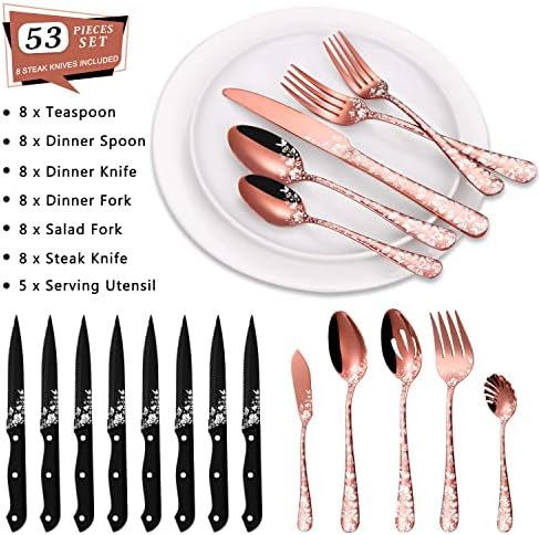 Stapava 53-Piece Copper Silverware Set with Serving Utensils for 8, Stainless Steel Rose Gold Flatware Cutlery Set, Mirror Eating Utensils Tableware with Butterfly Flower Laser, Dishwasher Safe - Image 2