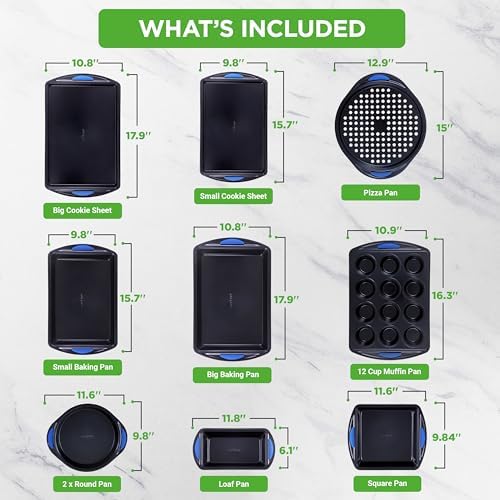 NutriChef 10-Piece Nonstick Bakeware Set - Heavy Duty Carbon Steel Baking Trays w/Silicone Handles - Includes Cookie Sheets, 12-Cup Muffin Pan, Pizza & Loaf Pan, Round & Square Pans - Easy to Clean - Image 3