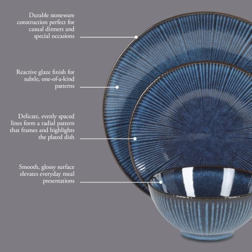 Gibson Elite Midnight Lune Plates and Bowls Sets, 12-Piece Stoneware Dinnerware Sets, Reactive Glaze Dish Set - Blue - Image 3