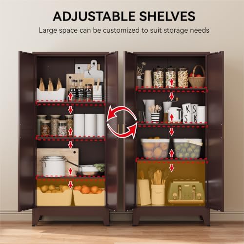COFaR 61" Metal Storage Cabinet with Doors and Adjustable Shelves, Tall Pantry Cabinet Freestanding Kitchen Pantry Storage Cabinet, Steel Cupboard for Bathroom, Living Room & Office, Reddish Brown - Image 5
