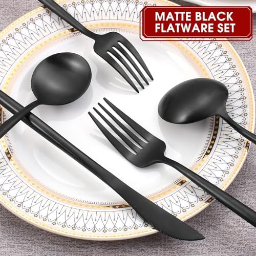 VANVRO Matte Black Silverware Set, 20-Piece Stainless Steel Flatware Set, Tableware Cutlery Set Service for 4, Satin Finish Utensils Set, Knife Fork Spoon Set for Home and Restaurant, Dishwasher Safe - Image 3