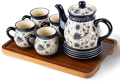 polish pottery style porcelain ceramic 10 piece Tea set,7.2oz tea cup and sauce set of 4,28.2oz teapot and 1wooden tray. (Blue plasma grass) by ONECCI