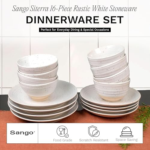 Sango Siterra 16-Piece Rustic White Stoneware Dinnerware Set – Service for 4, White with Glossy Speckle Overlay, for Everyday Dining & Entertainment, Microwave & Dishwasher Safe - Image 2