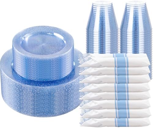 DaYammi 210PCS Blue Glitter Plastic Dinnerware Set for 30 Guests by DaYammiwillaccompanyyou