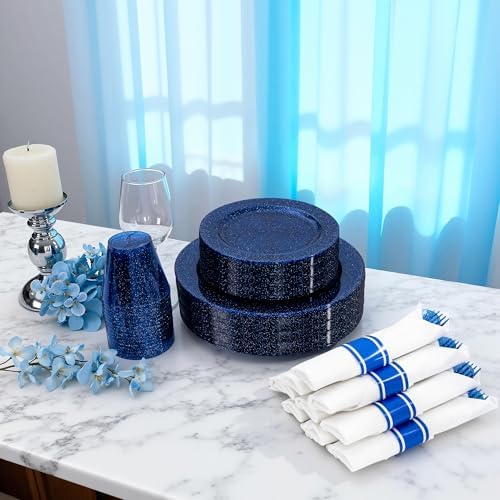 DaYammi 350PCS Cobalt Blue Glitter Plastic Dinnerware Set for 50 Guests - Image 2