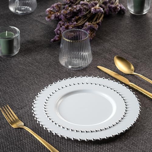 PLASTICPRO 128 Piece Combo Plastic Dinner Plates Disposable Plastic Fancy Heavy Duty Party Dishes 7 inch and 10 inch, White and Silver Beaded - Image 5