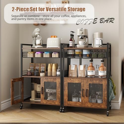 Hencawima Coffee Bar Cabinet, 3 Tier Coffee Station Table on Wheels, 35.9" H Bar Cart with Wire Basket Drawer & 5 Hooks for Home Kitchen, Liquor Buffet Sideboard Cabinet (Rustic Brown) - Image 4