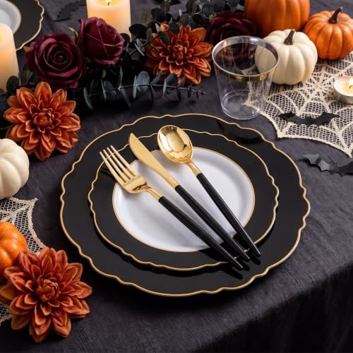 WDF 30Guest Black and Gold Plastic Plates - Gold Plastic Silverware With Black Handle Baroque Halloween Black and Gold Disposable Dinnerware for Wedding/Party/Birthday/Halloween - Image 3