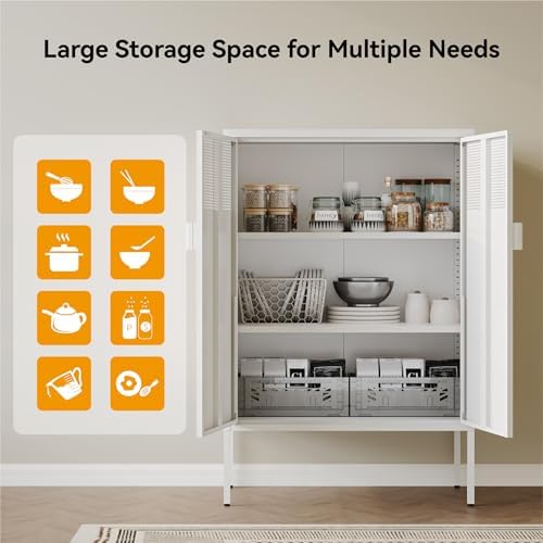 COFaR White Metal Storage Cabinet with Adjustable Shelves, 47”H Modern Buffet Sideboard & Coffee Bar Cabinet with Magnetic Doors, Ventilated Steel Organizer for Kitchen, Dining Room, Home Office - Image 6