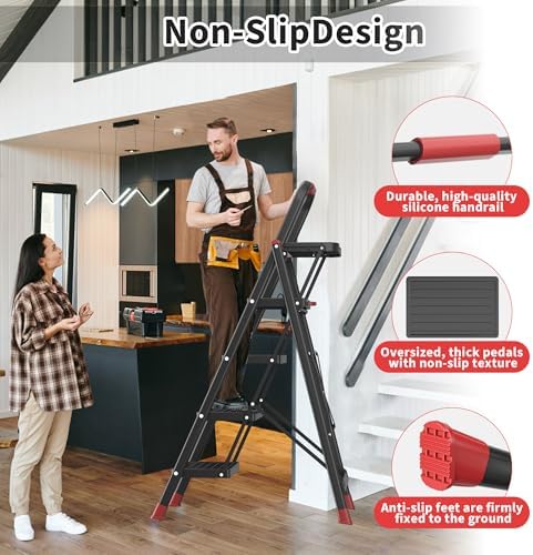 4 Step Foldable Step Ladder with Mutifunctional Tool Tray, Platform Ladders Stepstools, Step Stool 4 Step Folding with Non-Slip Pedals, 800lbs Bearing Capacity for Adults, Home, Kitchen, Black Red - Image 4