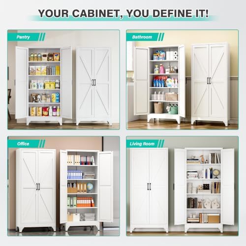 SISESOL 71" Tall Pantry Cabinet,Farmhouse Kitchen Pantry Storage Cabinets with 2 Doors and 5 Shelves,White Metal Storage Cabinet,Large Cupboard for Home,Kitchen,Dining/Living Room - Image 5