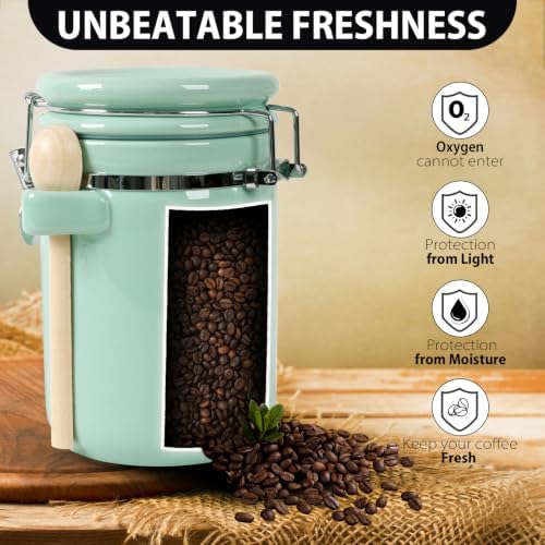 4 Piece Airtight Ceramic Canister Set With Attached Wooden Spoon Reusable Chalk Labels For Dry Goods Sugar Coffee Tea Kitchen Storage Use (Mint Green) - Image 5