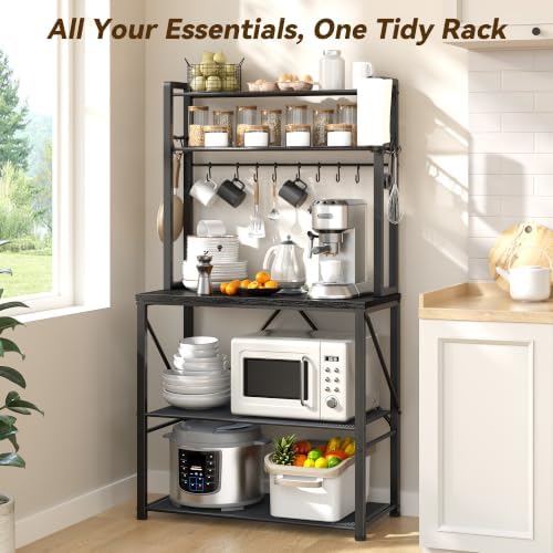 YASONIC Coffee Bar, Bakers Rack with Storage, 25.6 Inches Microwave Stand, 5 Tier Kitchen Shelves Appliance Storage, 12 S Hooks Large Coffee Station for Spices, Pots and Pans, Black - Image 2