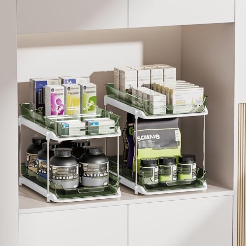Delamu 2-Tier Multi-Purpose Bathroom Under Sink Organizers and Storage, Stackable Kitchen Pantry Organization, Pull Out Medicine Cabinet Organizer with Movable Dividers, Light Green, 2 Pack - Image 4