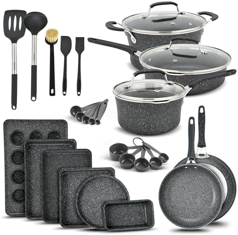 Pots and Pans Set, 23-Piece Non Stick Cookware & Bakeware Sets with Plaid Pattern, Stackable Design, Dishwasher Safe, Stain-resistant, Oven & All-Stove Safe, Tempered Glass Lid, Dark Gray by BAKK%C3%8BNMASTER