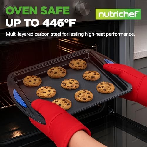 NutriChef 3-Piece Nonstick Cookie Sheets for Baking – Carbon Steel Stackable Bakeware Set w/ Silicone Handles - Non Toxic Baking Pan - Durable & Wrap Resistance, Oven Safe - Easy cleanup - Image 2