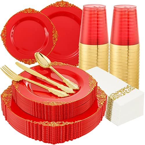 Morejoy 175PCS Red Plastic Plates,Red Disposable Plates With Gold Rim by Morejoy