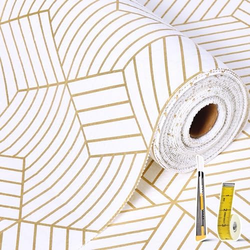Shelf Liners for Kitchen Cabinets Non Adhesive Shelf Liner Paper Non-Slip Thickened Drawer Liner Easy to Clean for Tool Box Refrigerator with Knife and Tape Measure, Gold Geometric, 11.8 x 118 in by Oneoftheworld