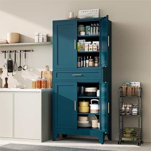 YAUWOH 71''Tall Kitchen Pantry Cabinet with Drawer,6-Tiers Metal Pantry Storage Cabinet with 4 Adjustable Shelves and 4 Barn Doors, Freestanding Farmhouse Food Cupboard for Dining Room (1PC,Blue) - Image 2