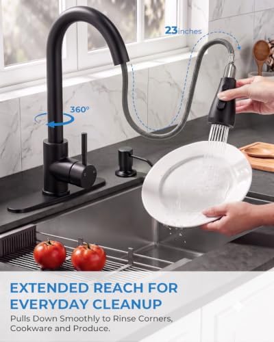 VFAUOSIT Kitchen Faucet with Pull Down Sprayer and Soap Dispenser, Black - Image 4