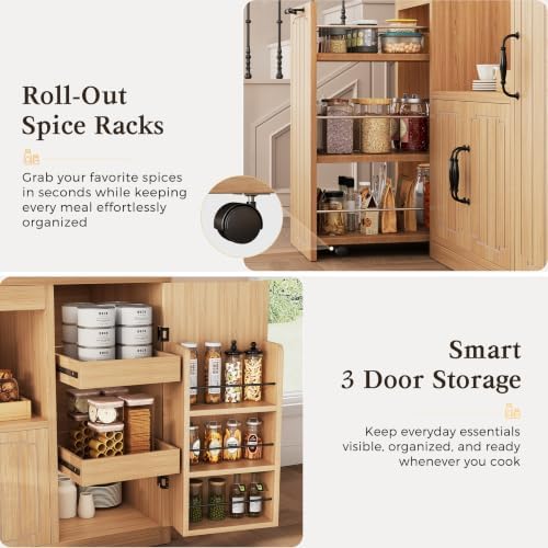 Fluted Kitchen Pantry Cabinet with Charging Station & LED Light, 47" Wide Kitchen Pantry Storage Cabinet with Countertop, Microwave & Appliance Storage, Food Pantry Cabinet for Dining Room ,Natural - Image 4