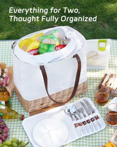 Wicker Picnic Basket for 2 Person, Folding Rattan Set, White - Image 2