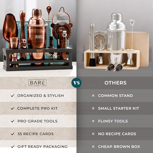 BARE BARREL® Mixology Bartender Kit Bar Set | 16-Piece Cocktail Shaker Set | Martini Barware Mixing Tools for Home Bartending | Incl. 35 Recipe Cards | Gift Set (24oz Cobbler Shaker, Copper/Black) - Image 6