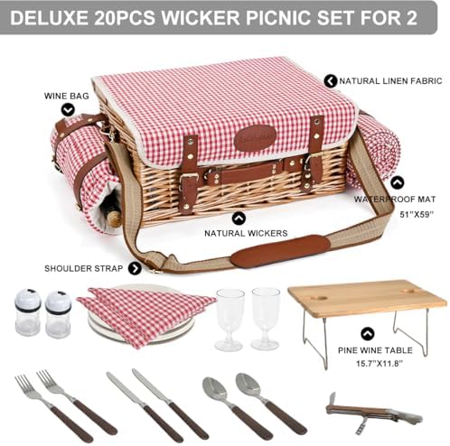 Multifunctional Wicker Picnic Basket Set for 4 with Blanket and Picnic Table, Insulated Picnic Set with Full Tablewares for Camping Outdoor Couples, Gingham - Image 6