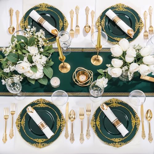 Nervure 350Pcs Green Plastic Plates, Plastic Dinnerware Set for 50 Guests - Image 4
