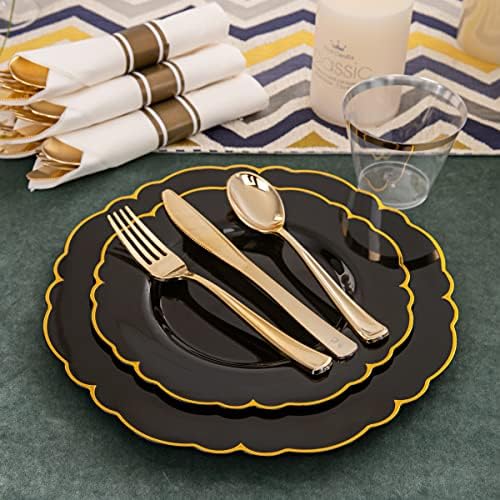 Morejoy 175PCS Black and Gold Plastic Plates, Black Plastic Dinnerware Set - Image 3