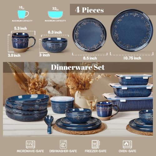 Artena 4-Piece Handcrafted Ceramic Dinnerware Set with Mugs, Service for 1 – Reactive Glaze Embossed Plates, Bowls & Mugs, Dishwasher & Microwave Safe, Blue, Damask Floral - Image 2