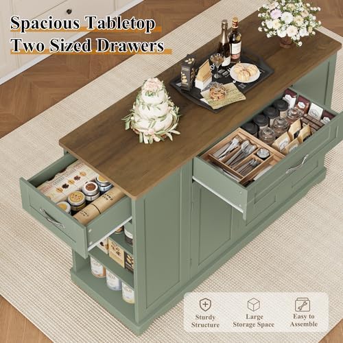 HOSTACK 47" W Kitchen Island Cart with Storage, Rolling Island Table, Green - Image 6