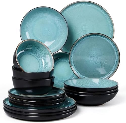 LIANYU Stoneware Dinnerware Sets with Pasta Bowls for 4, Pastel Turquoise by LIANYU