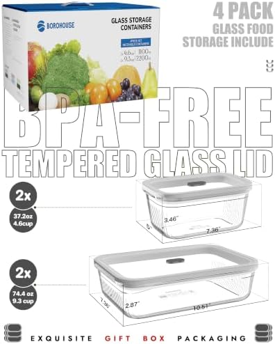 4-Pack Glass Food Storage Containers with Tempered Glass Lids, 2x 4.7 Cup & 2x 9.3 Cup, Airtight, Oven & Microwave Safe Borosilicate Glass (-4°F to 950°F) - Image 2