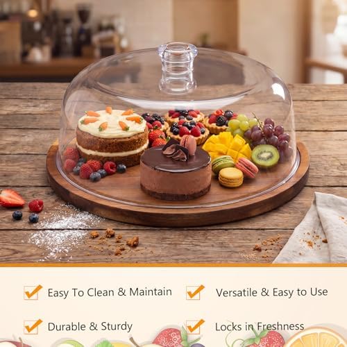Mifoci 2 Pack Acacia Wood Cake Stand Serving Tray with Acrylic Lid, Charcuterie Table Display Set, 12 x 12 Inches Dessert Serving Tray Set for Bakery, Buffet, Home Party & Restaurant - Image 4
