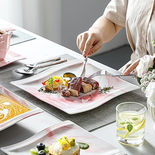 MALACASA Dinnerware Sets, 30-Piece Pink Plates and Bowls Sets for 6, Porcelain Dinnerware Set with Plates and Bowls, Cups and Sacuers, Square Dish Set, Modern Dining Ware Set, Series Flora - Image 6