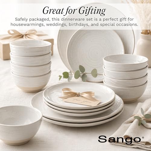 Sango Siterra 16-Piece Rustic White Stoneware Dinnerware Set – Service for 4, White with Glossy Speckle Overlay, for Everyday Dining & Entertainment, Microwave & Dishwasher Safe - Image 6