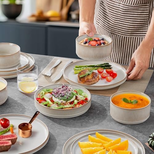 LIANYU 24 Piece Stoneware Plates and Bowls Dishes Set for 6, Dinnerware Sets with Pasta Bowls, Ribbed Dining Ware Dishware for Home Wedding, Microwave and Dishwasher Safe, Dawn Beige - Image 4