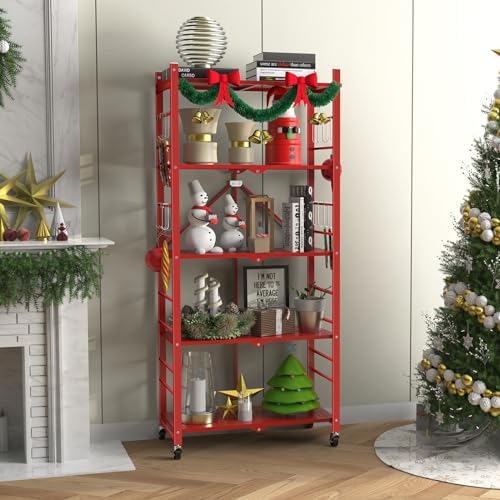 Himix 5-Tier Foldable Storage Shelf 20 Hooks Wheels Garage Red No Assembly - Image 2