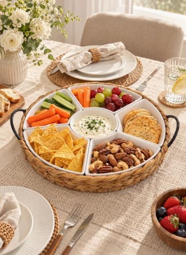 Ceramic Serving Tray, Food Tray 15.5 x 15.5 Inches,Divided Serving Platter with 6 Removable Dishes, Portable Handle Cattail Serving Bowls,Perfect for or Chips and Dip,Natural - Image 5