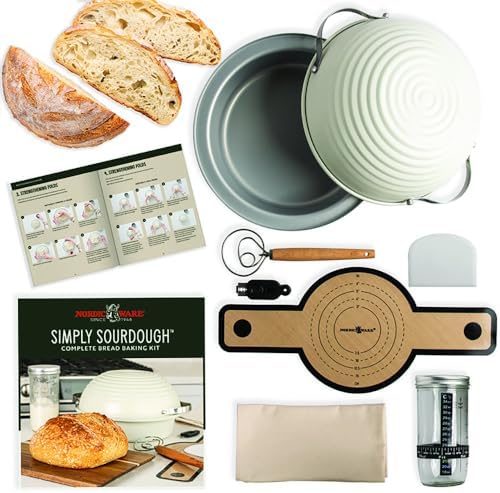 Nordic Ware Simply Sourdough™ Complete Bread Baking Kit BAKING PAN INCLUDED, Dual use Banneton lid, 22pg Guide book w/Recipes, Danish Whisk, Starter Jar, Cutter, Lifting Mat, Scraper, Cotton Liner by NordicWare