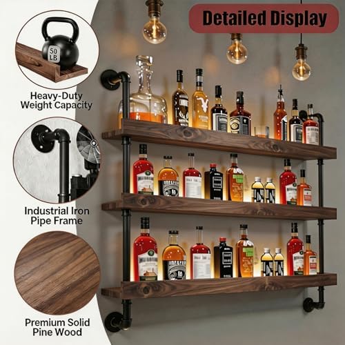 49IN Wall Mounted Wine Rack 3-Tier Industrial Pipe with LED Light - Image 4